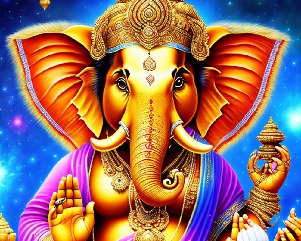 Colorful Illustration of Ganesha with Jewelry on Starry Night Sky