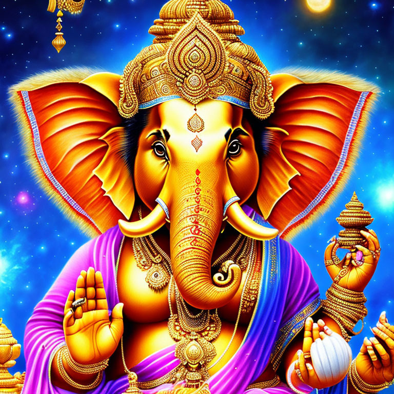 Colorful Illustration of Ganesha with Jewelry on Starry Night Sky