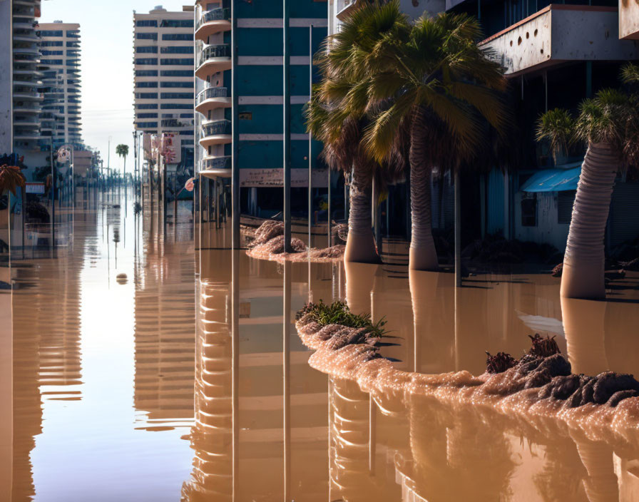 City street flooded with calm water, reflecting palm trees and buildings under clear sky