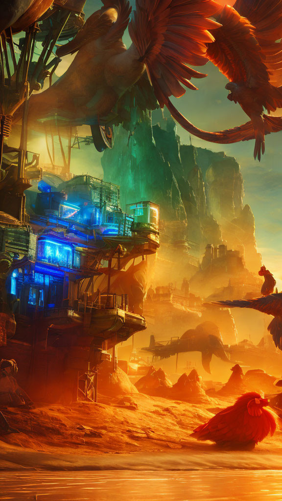 Futuristic blue-lit settlement on rocky outcrop with surreal birds in warm sky