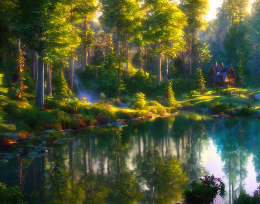 Tranquil forest scene with sunlit trees, serene lake, and cozy cabin