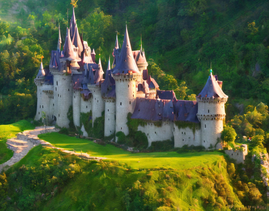 Majestic castle with spires on green hill in warm sunlight