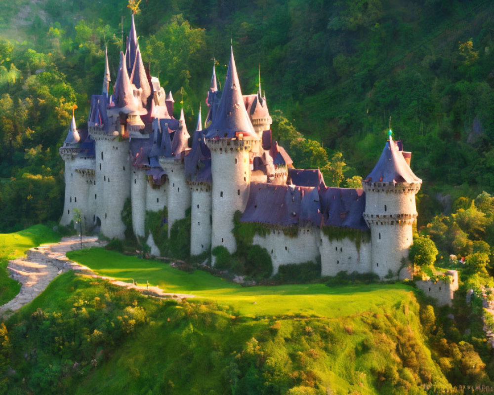 Majestic castle with spires on green hill in warm sunlight