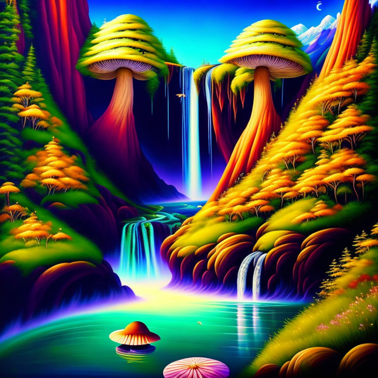 Fantastical landscape with luminous mushroom trees and waterfalls