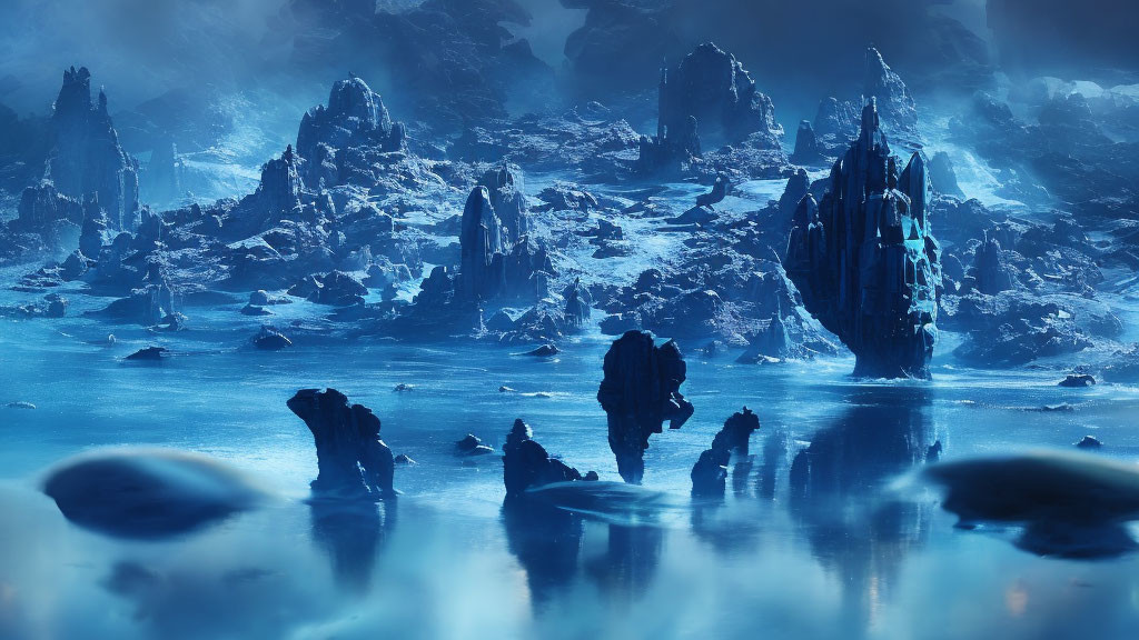 Mystical landscape with towering ice formations and tranquil blue waters