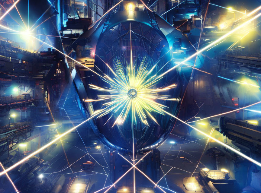 Futuristic energy core with blue and yellow glow amid metallic structures