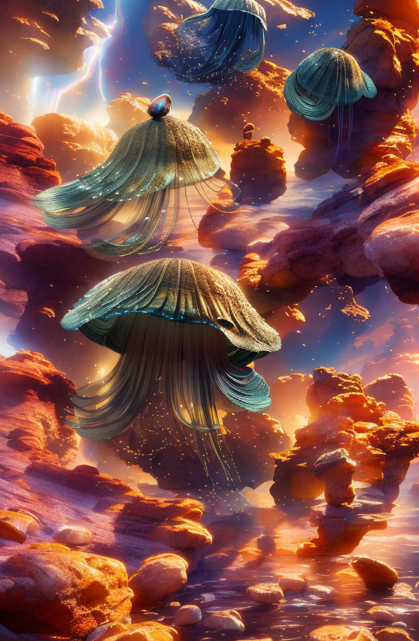 Majestic jellyfish-like creatures in surreal canyon landscape