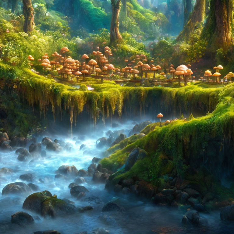 Mystical forest with lush greenery, flowing river, and oversized mushrooms