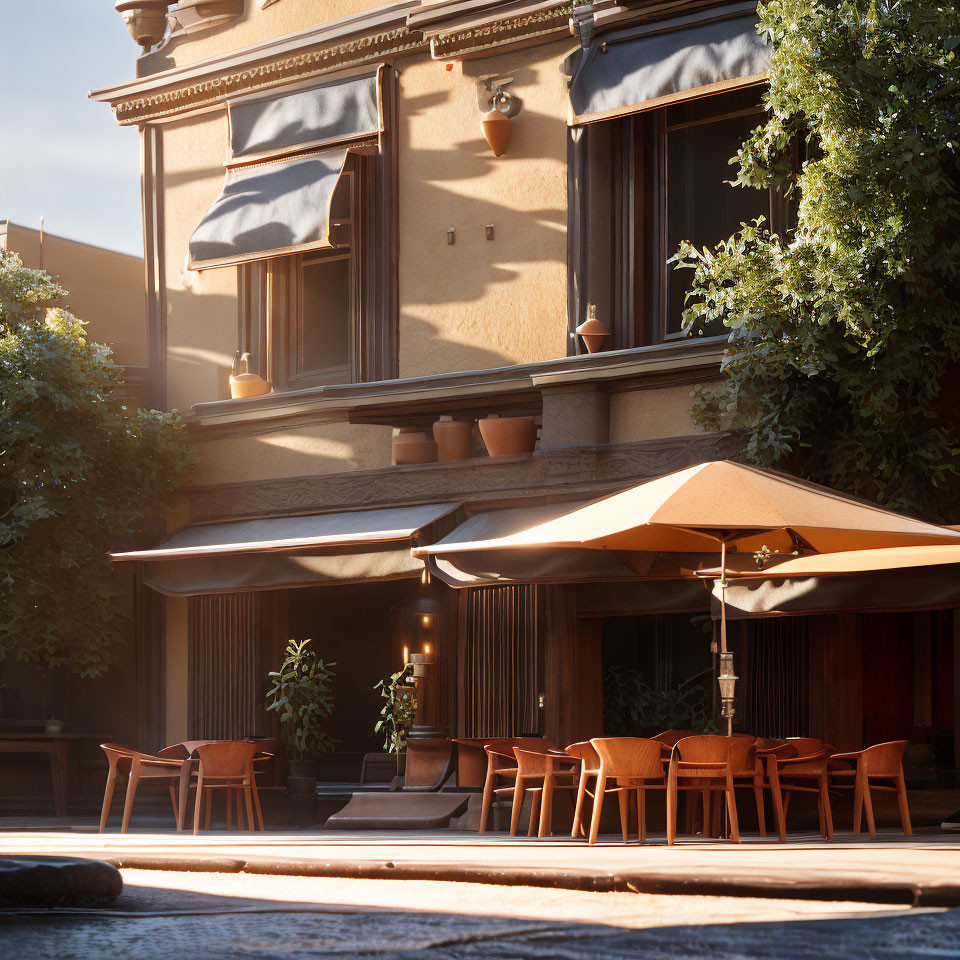 Charming street-side cafe with umbrellas and wooden chairs by elegant building