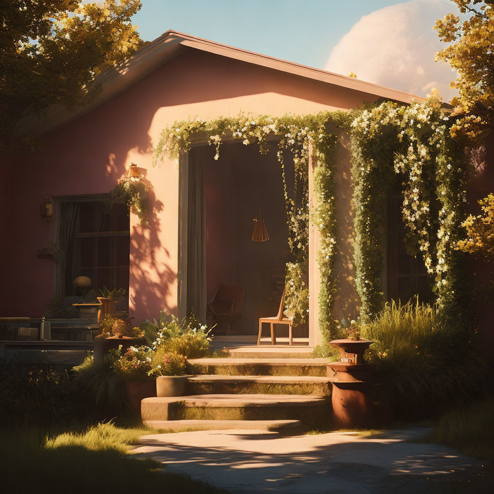 Tranquil home entrance with overgrown green ivy and sunlit stone steps