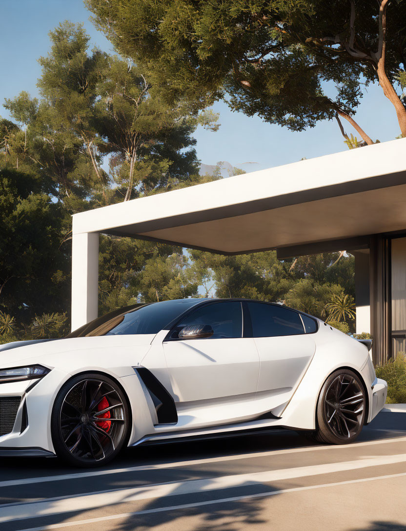 Modern white sports car parked by contemporary house with large windows, surrounded by green trees and clear sky.