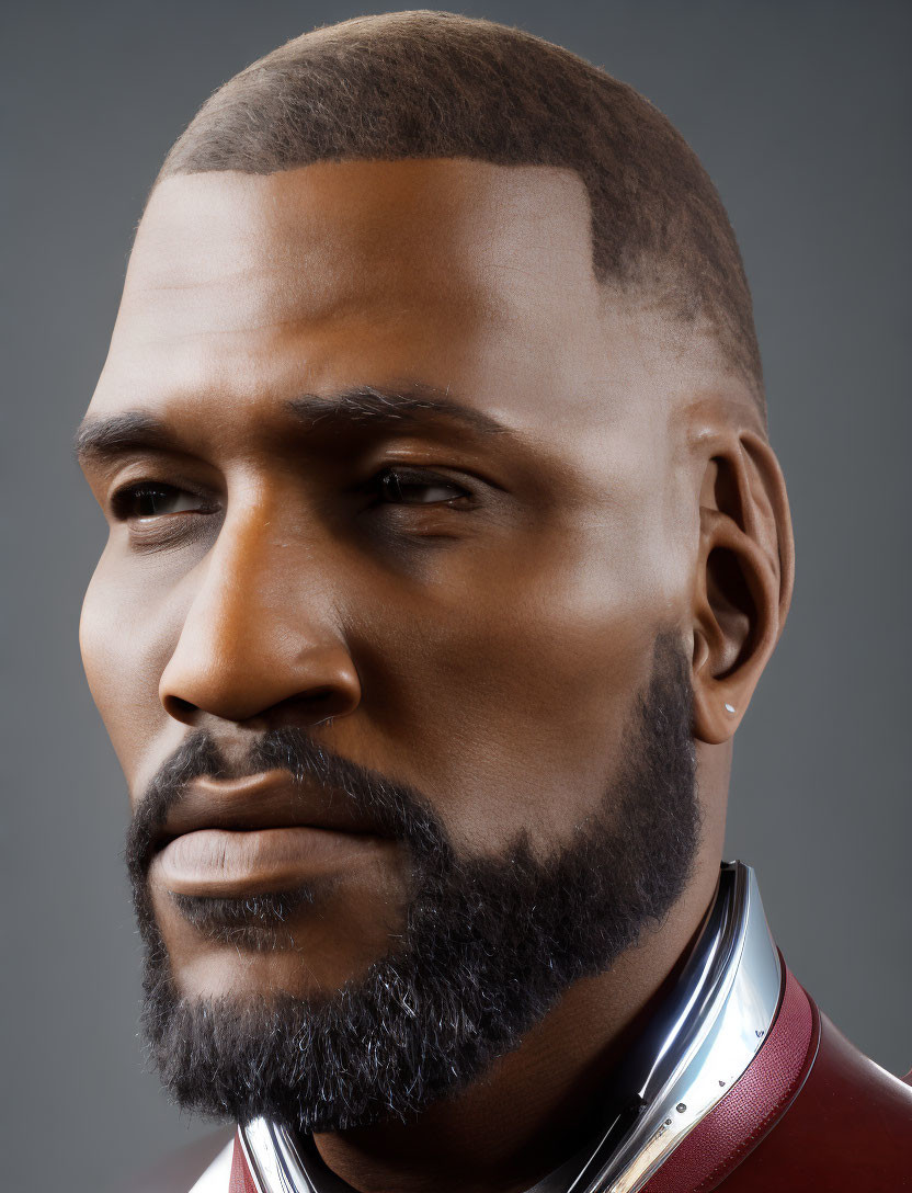 Detailed 3D rendering of a man with a beard and red collar, showcasing serious expression