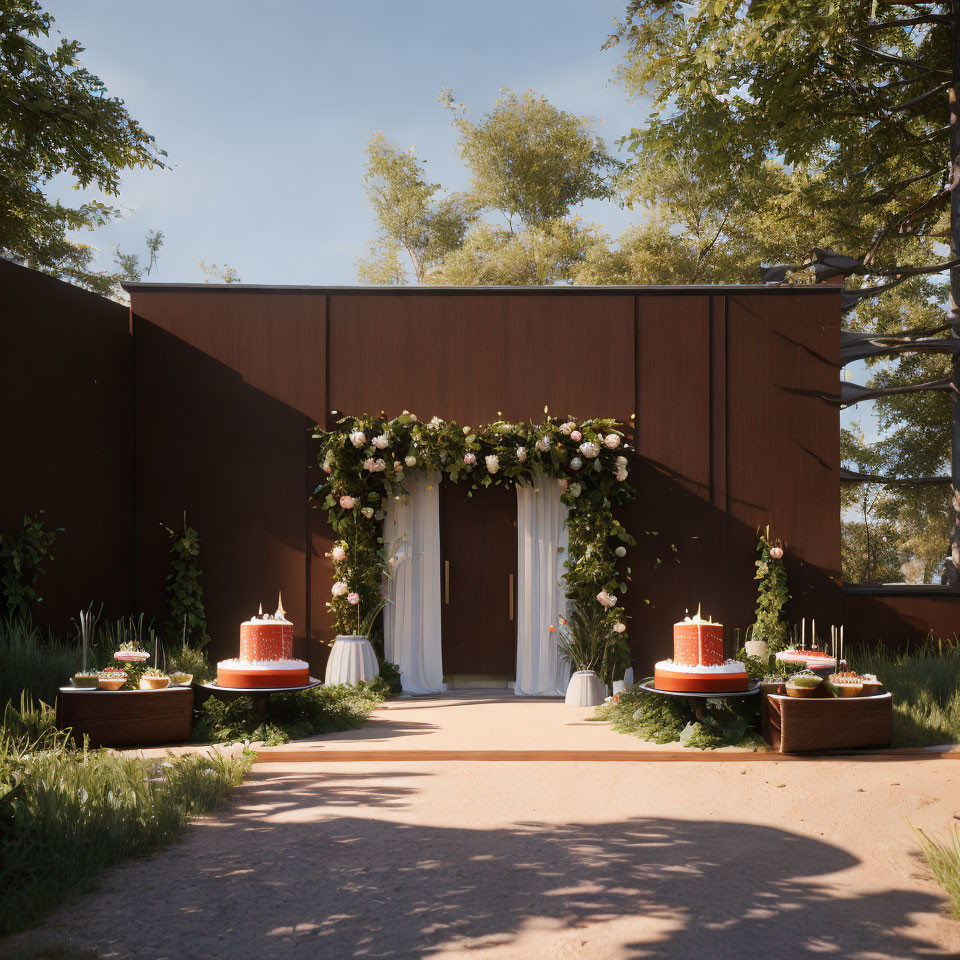 Outdoor Wedding Setup with White Drapery, Floral Arch, Cakes, Trees, and Modern Back