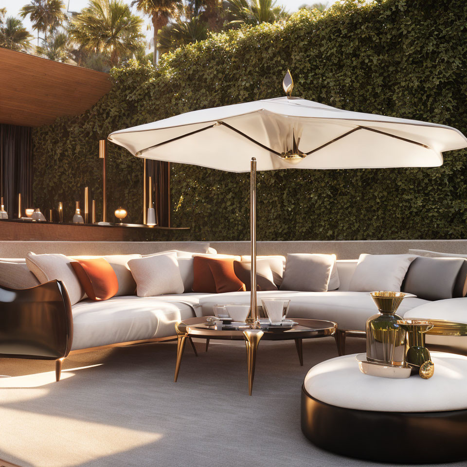 Elegant Outdoor Seating Area with Sofas and Tables under Large White Umbrella