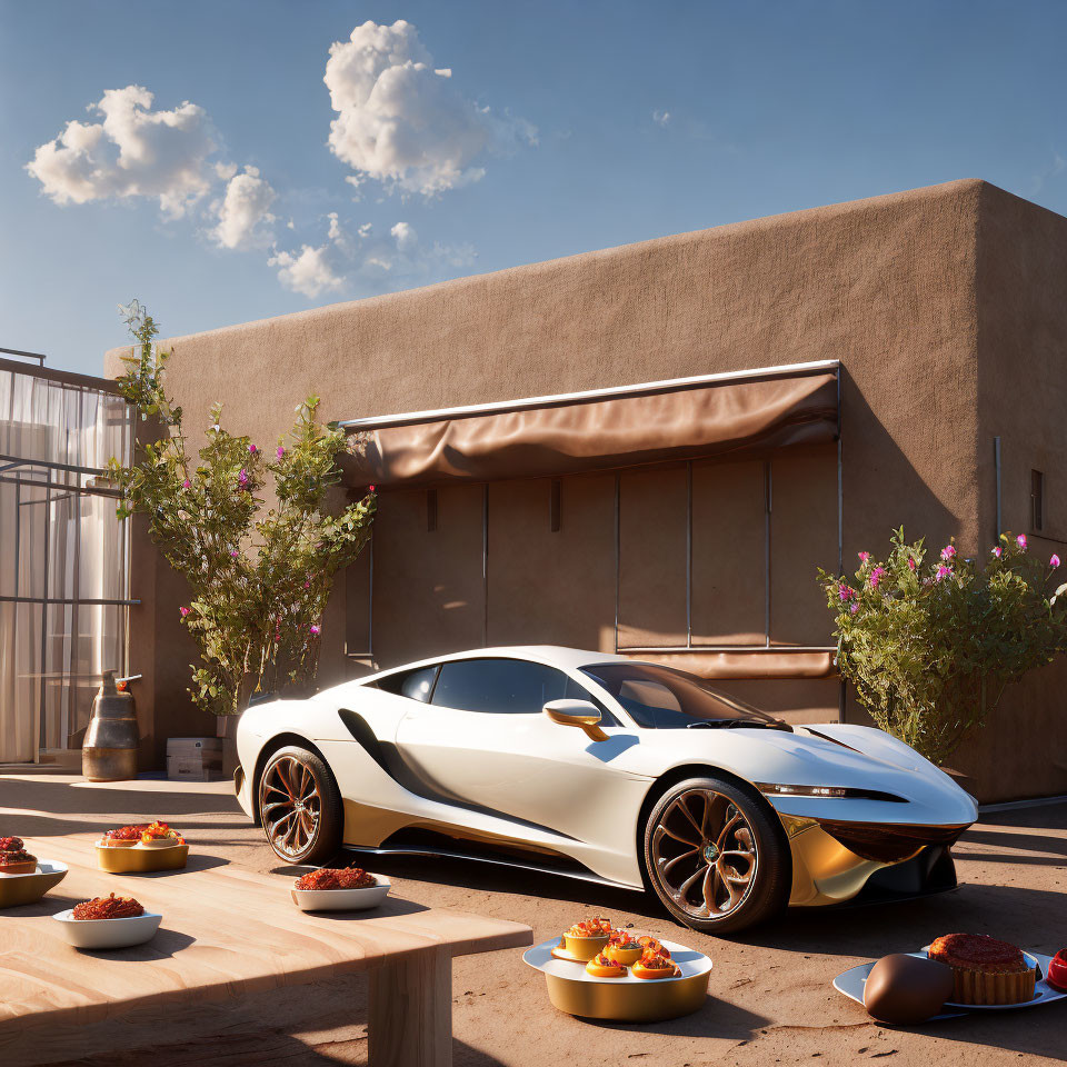 Modern House with White Sports Car and Sunset Dinner Setup