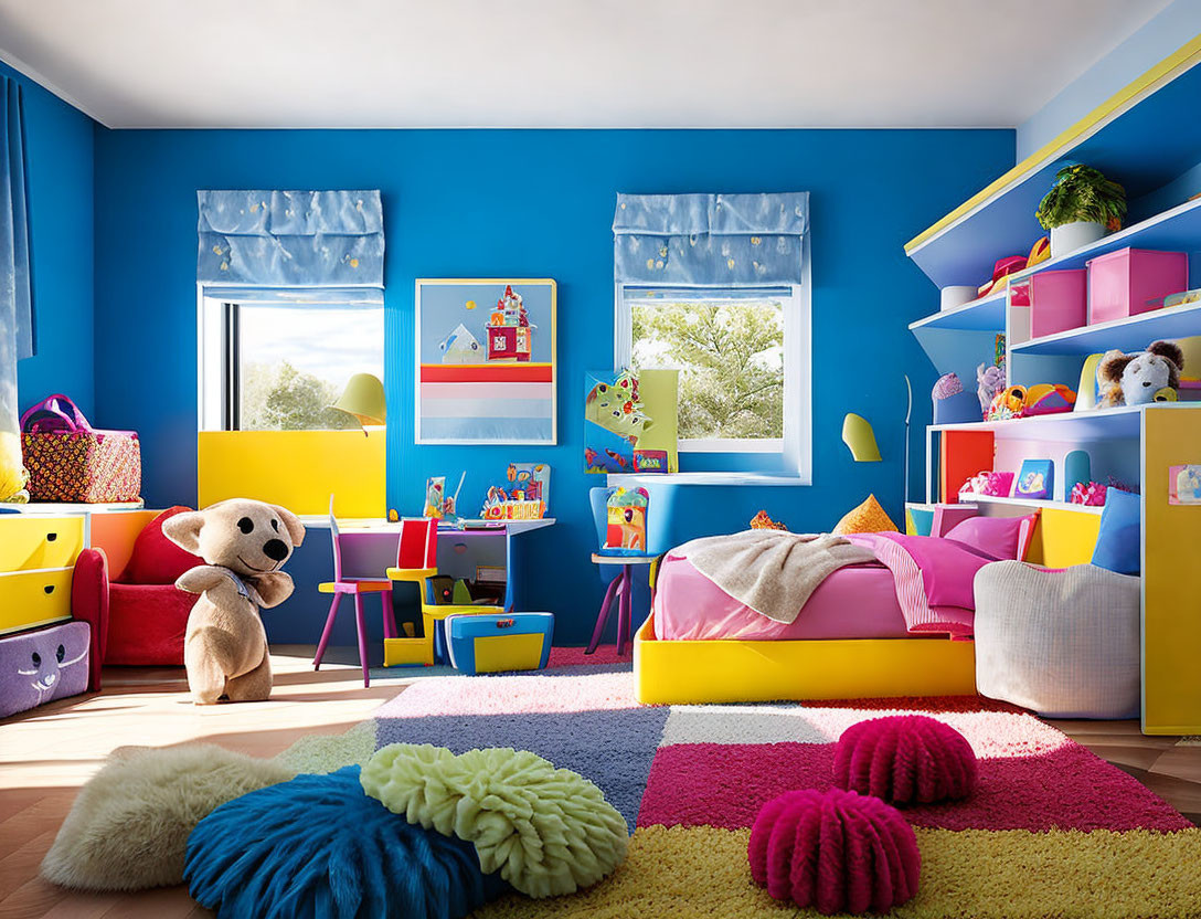 Colorful Children's Room with Blue Walls, Toy-filled Space, and Sunlit Window