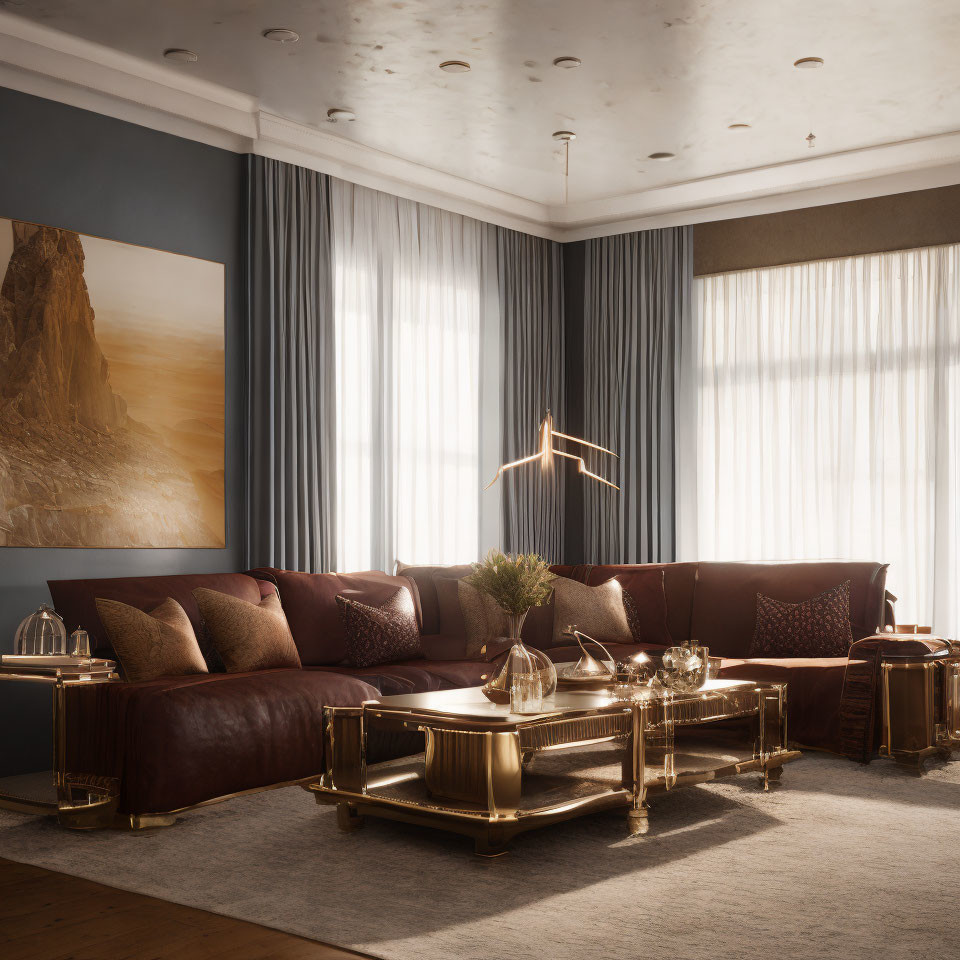 Spacious living room with leather sectional sofa, brass coffee tables, and landscape painting