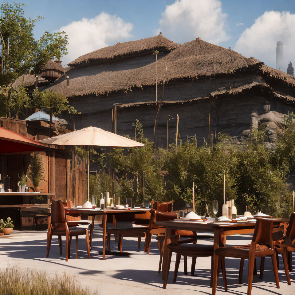 Rustic outdoor dining area with wooden furniture and thatched-roof building