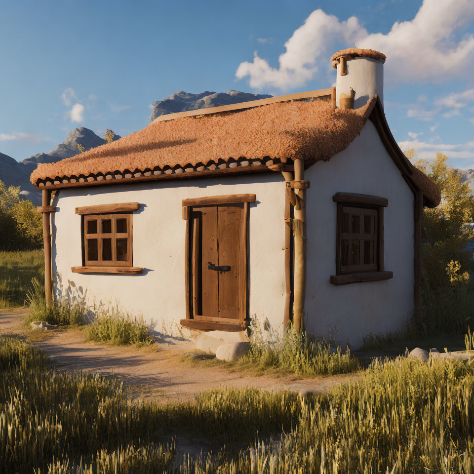 Thatched-Roof Cottage in Meadow with Mountains