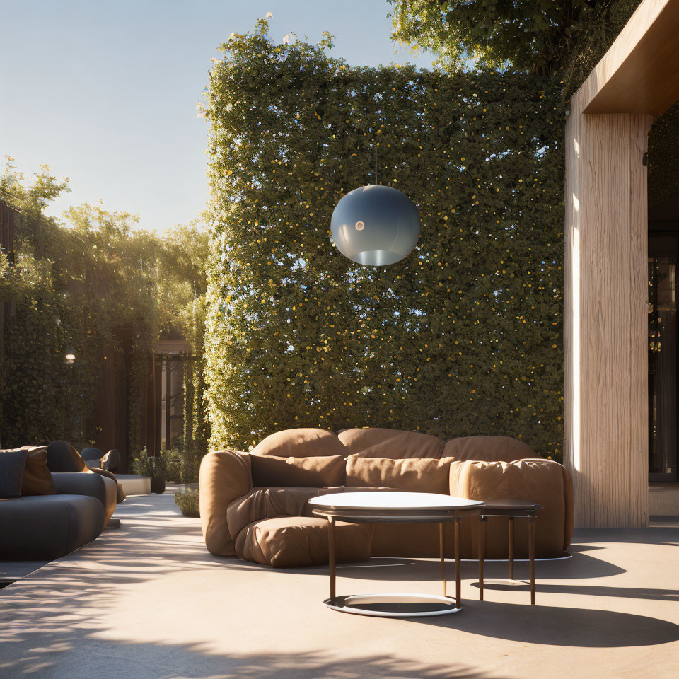 Luxurious outdoor lounge with plush sofa, round coffee table, hanging spherical lamp, and ivy-covered