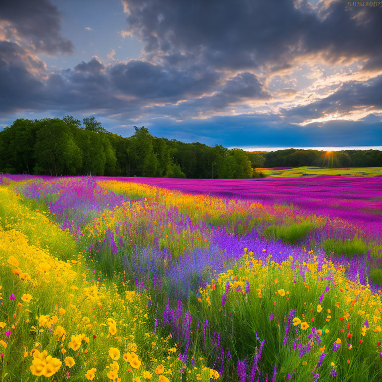 Colorful Wildflower Field Under Dramatic Sky with Breaking Clouds