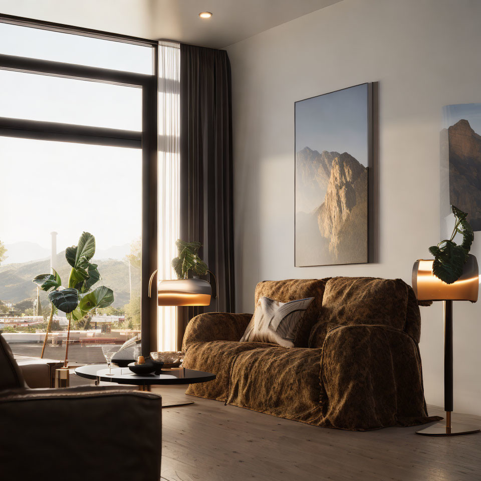 Stylish modern living room with plush sofa, floor lamps, mountain view, art, and indoor