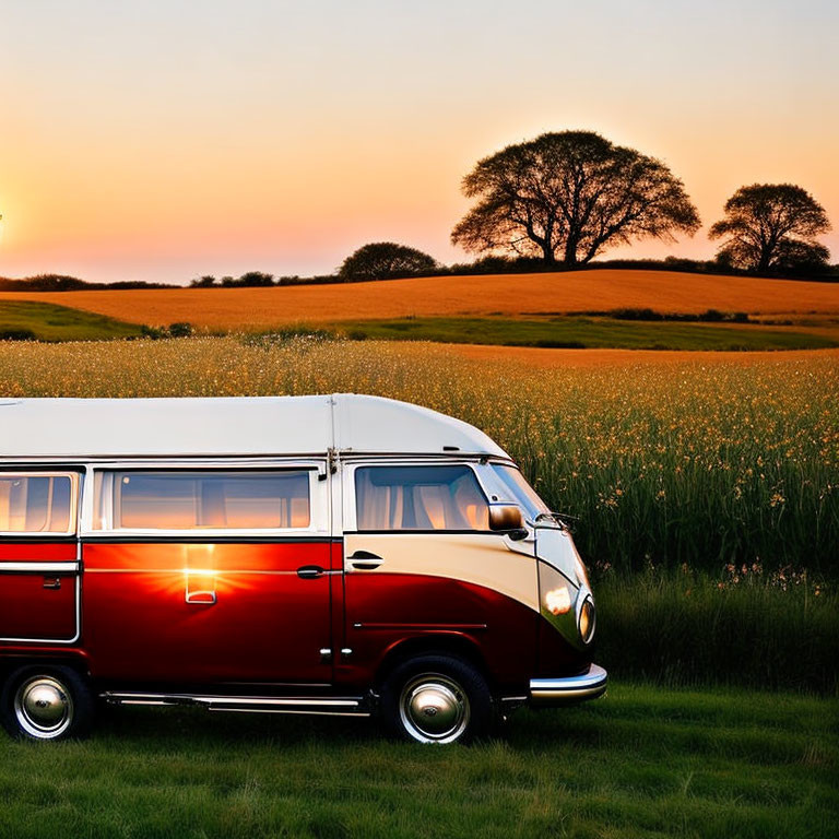 Vintage van in grassy field at sunset with trees and orange sky