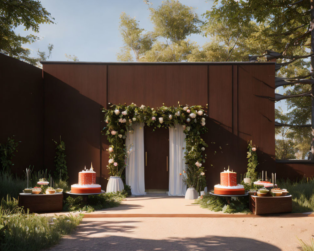 Outdoor Wedding Setup with White Drapery, Floral Arch, Cakes, Trees, and Modern Back