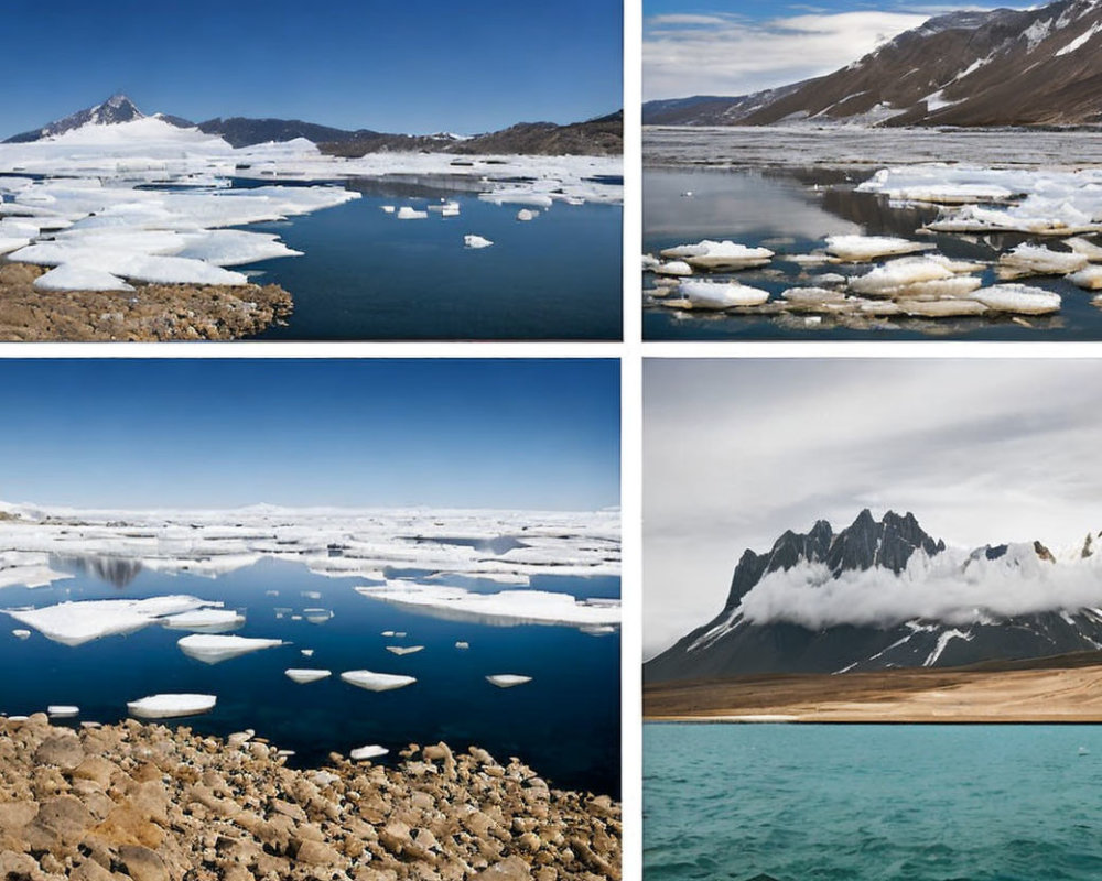 Scenic Landscapes of Blue Water, Icebergs, and Mountains