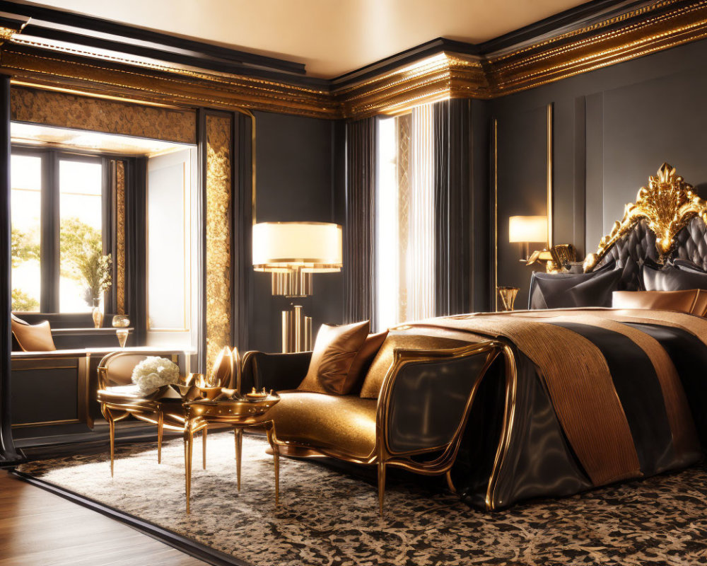 Elegant bedroom with golden-black color scheme and ornate bed