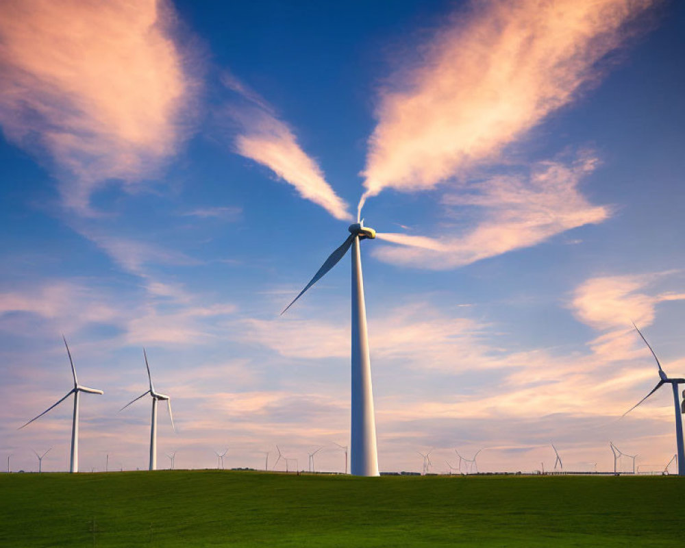 Green field with wind turbines under pink clouds at sunrise/sunset