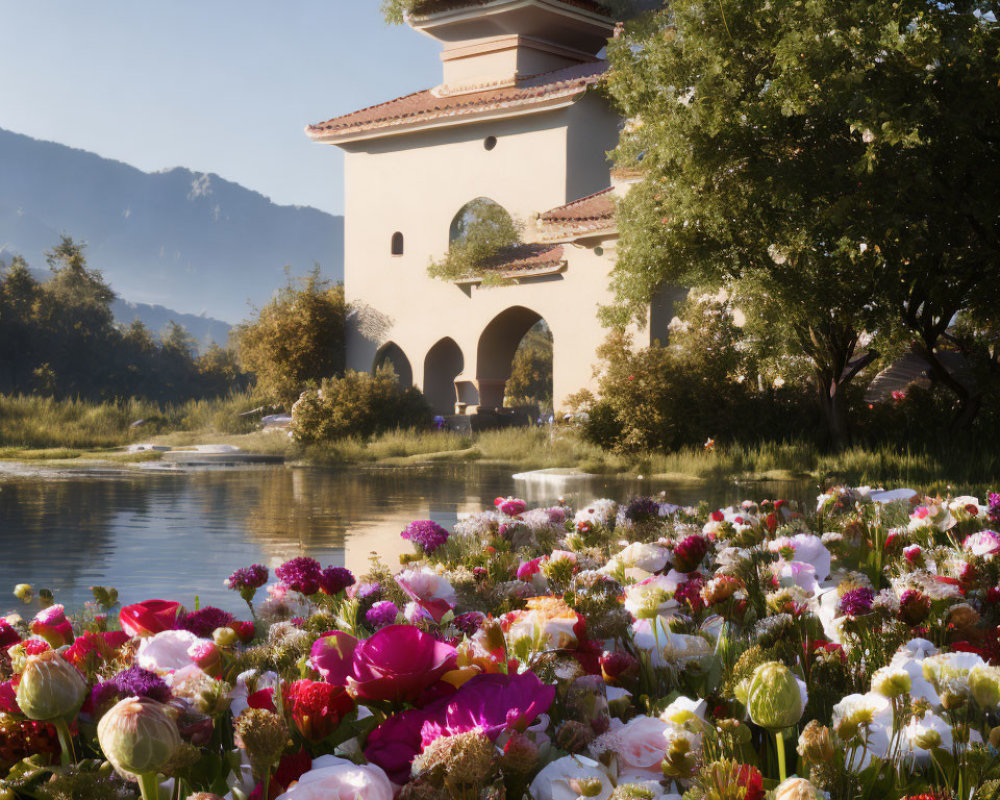 White Arched Building Overlooking Pond with Blooming Flowers