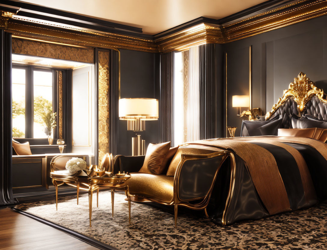 Elegant bedroom with golden-black color scheme and ornate bed