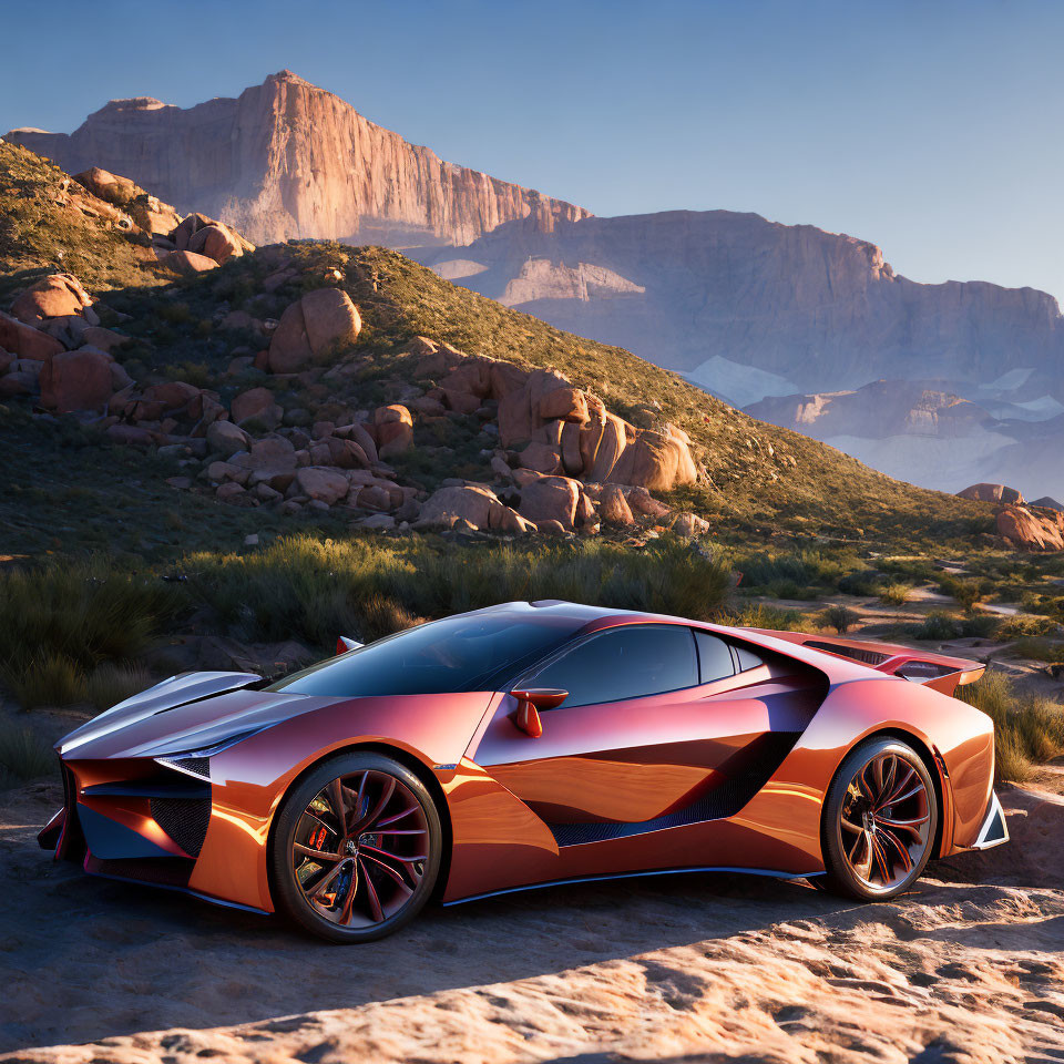 Orange Sports Car Parked in Desert Landscape