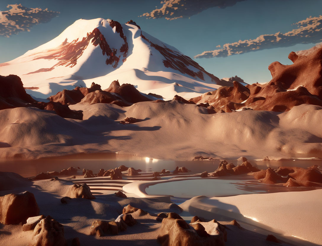 Snow-capped mountain in serene desert landscape