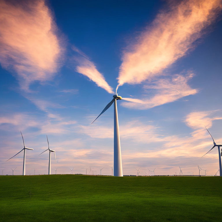 Green field with wind turbines under pink clouds at sunrise/sunset