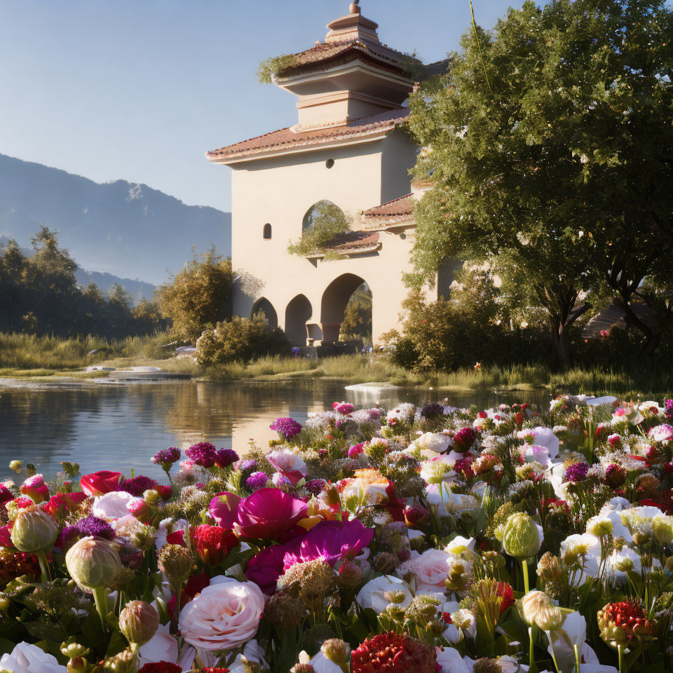 White Arched Building Overlooking Pond with Blooming Flowers