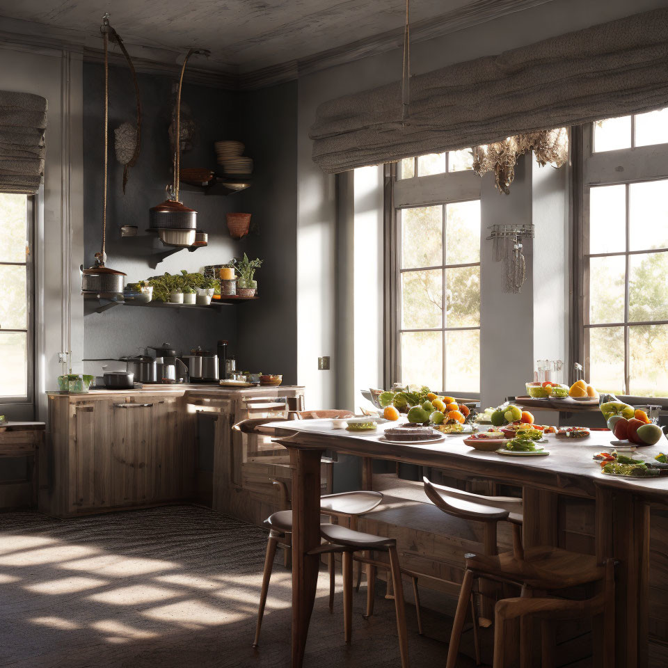 Rustic kitchen with wooden furniture, hanging pots, fresh fruit on table