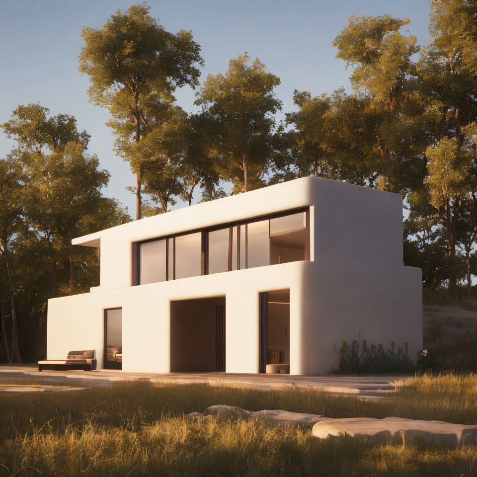 Contemporary two-story house with large windows in a tree-filled setting at dusk