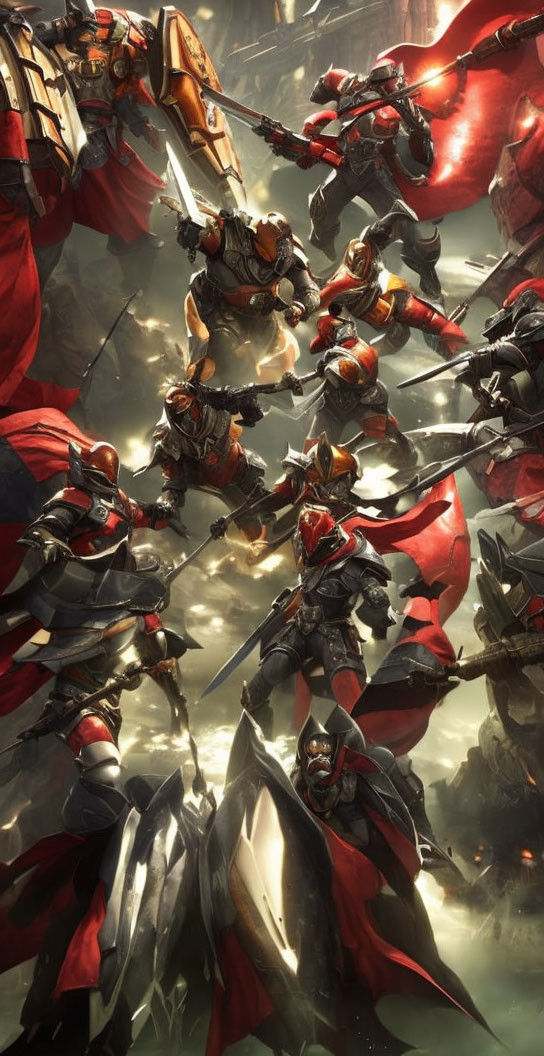 Armored warriors in red and grey with swords and guns charging into battle.