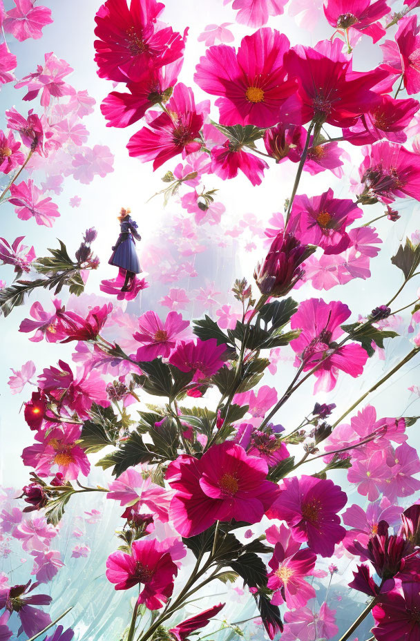 Vivid Pink Cosmos Flowers Blooming in Sunlight