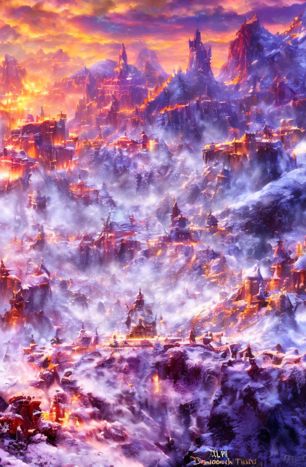 Fantasy landscape with glowing city in fog-covered mountains under orange and purple sky