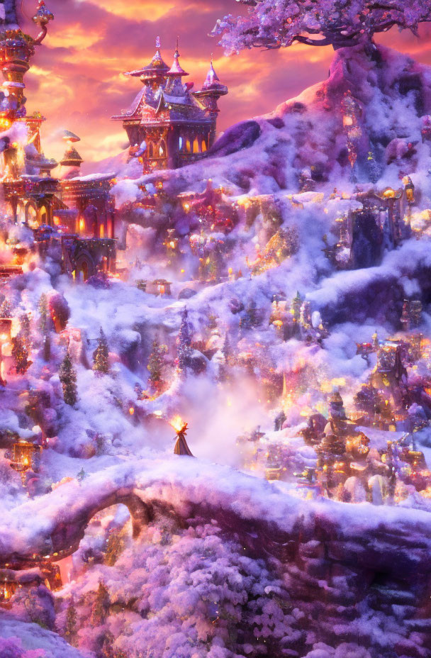 Fantasy landscape with glowing buildings in snow-covered trees