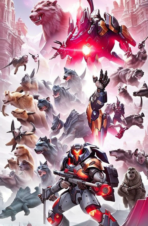 Collage of robotic and animal figures with dominant red robot, surrounded by stylized beasts on pink city