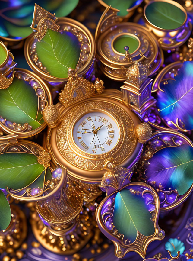 Golden clock with ornate details, peacock feathers, and green leaves