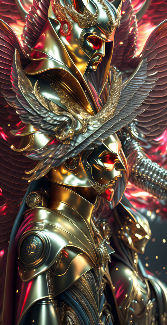 Fantasy art image of two armored figures in golden armor with winged helmets.