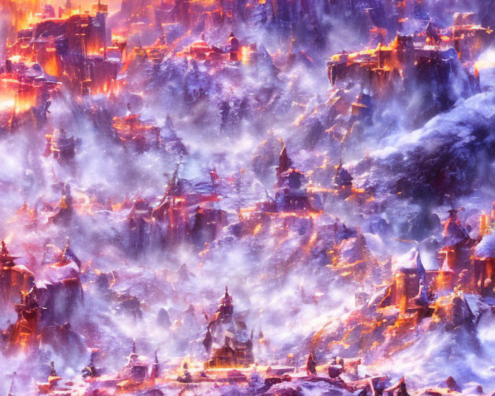 Fantasy landscape with glowing city in fog-covered mountains under orange and purple sky