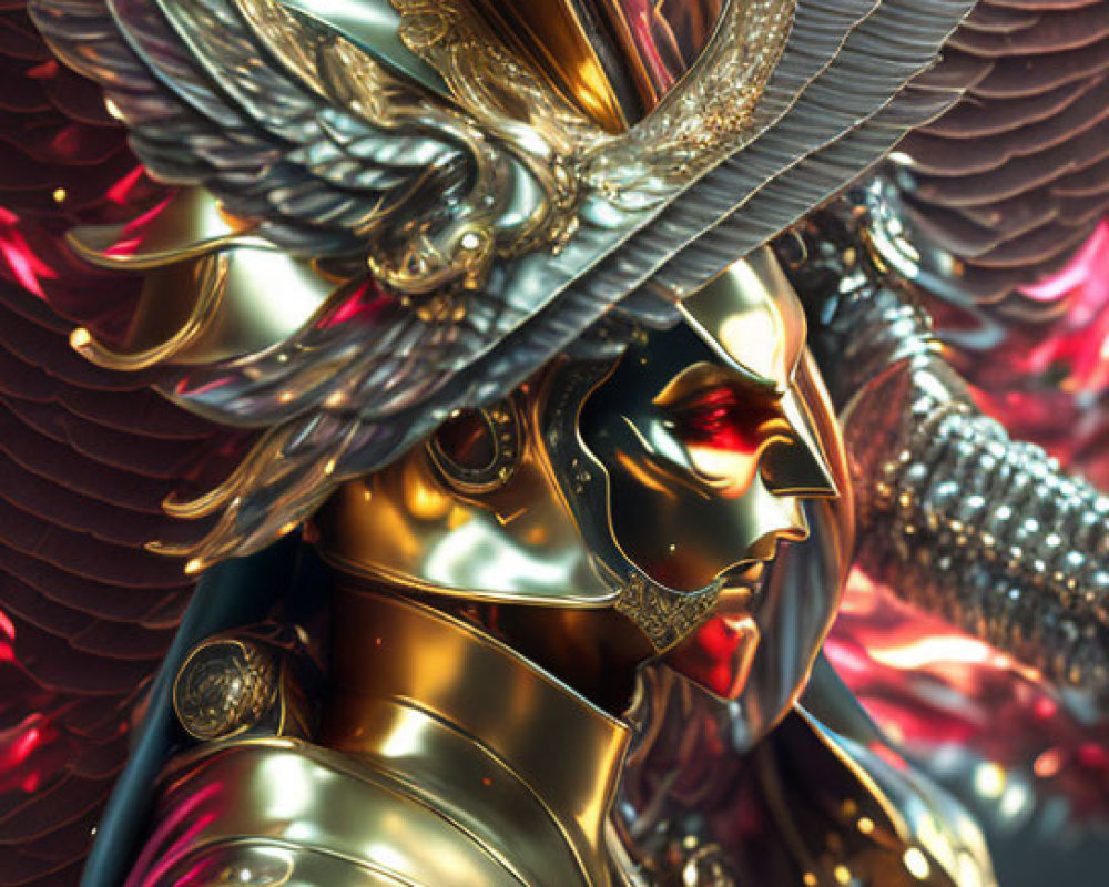 Fantasy art image of two armored figures in golden armor with winged helmets.