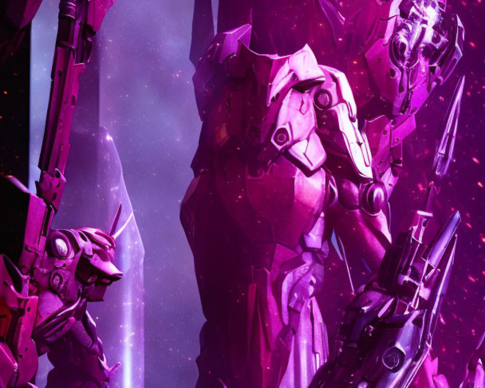 Purple Mechs in Futuristic Battle Formation Against Cosmic Backdrop