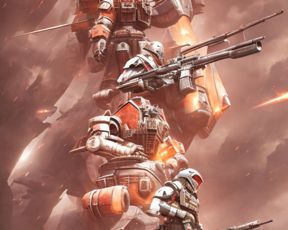 Futuristic soldiers in white and red armor with rifles near colossal mech in ember-filled sky